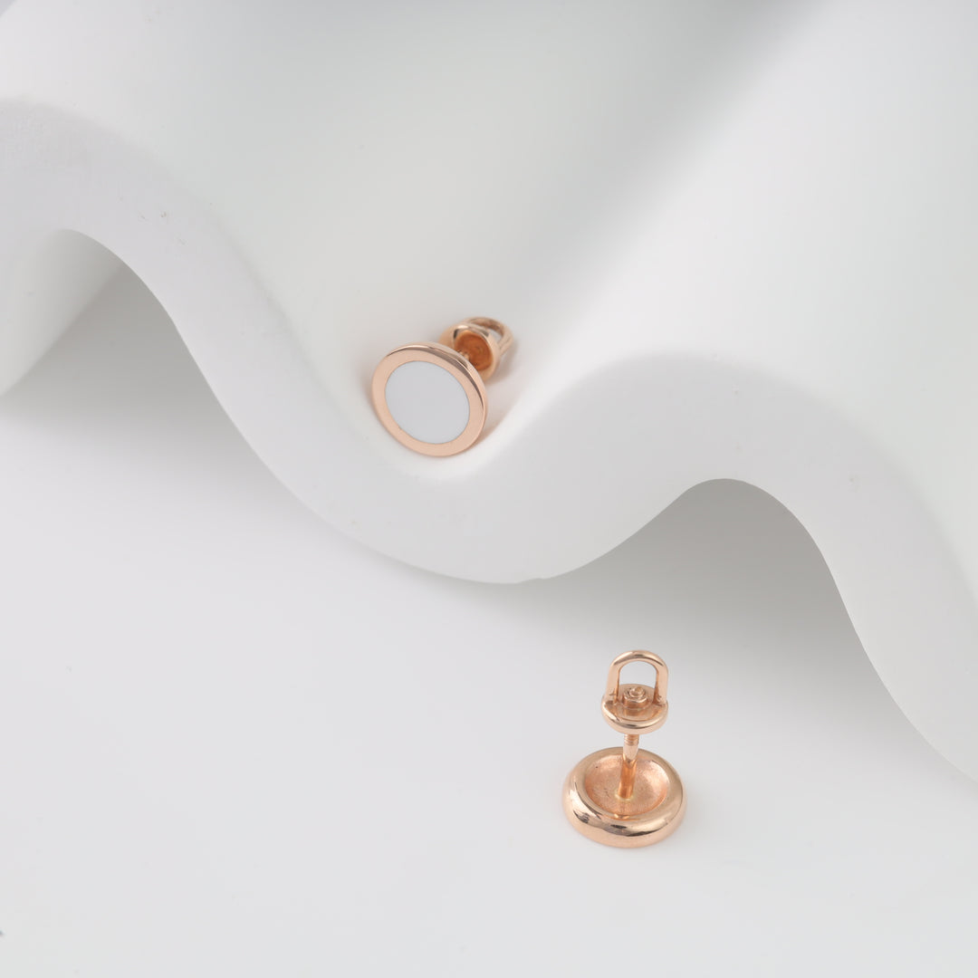 Screw-back Earrings with White enamel | 14K Rose Gold (585) - Ukrainian Jewelry