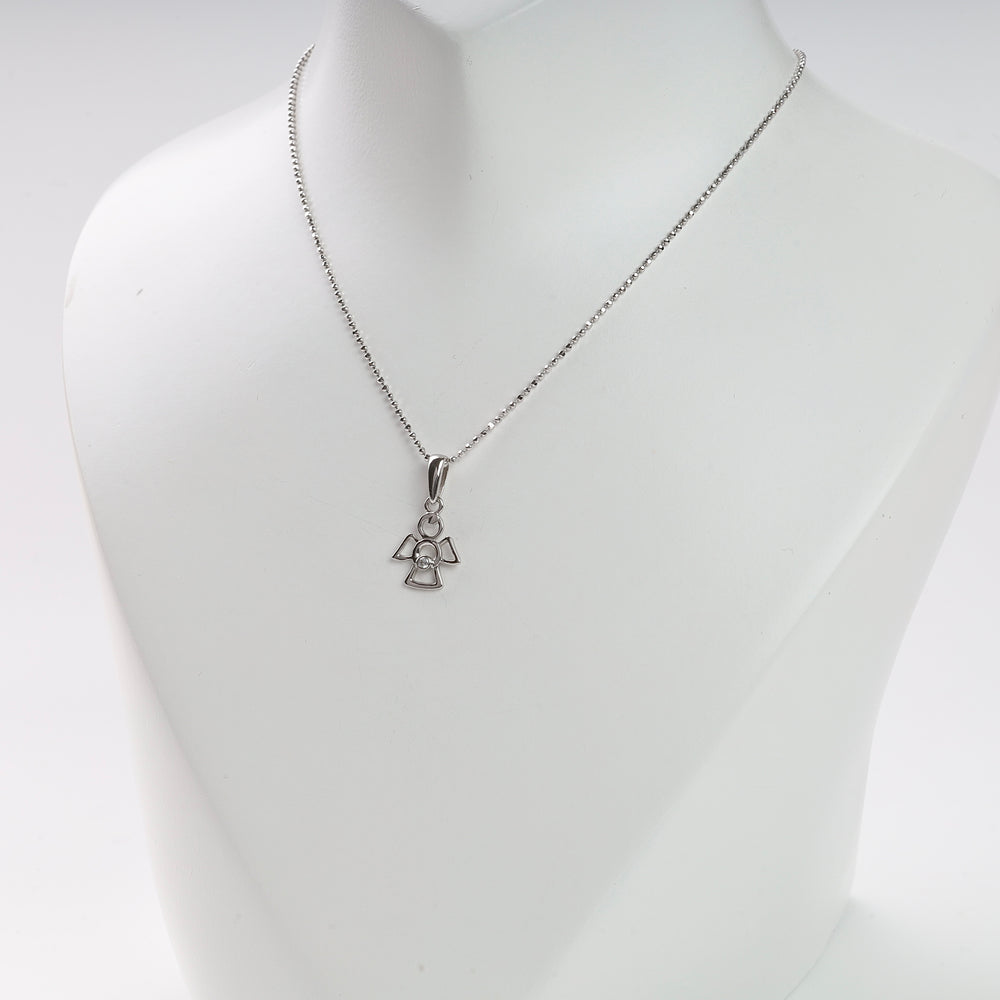 Silver angel outline pendant necklace with fine chain displayed on a white mannequin bust.