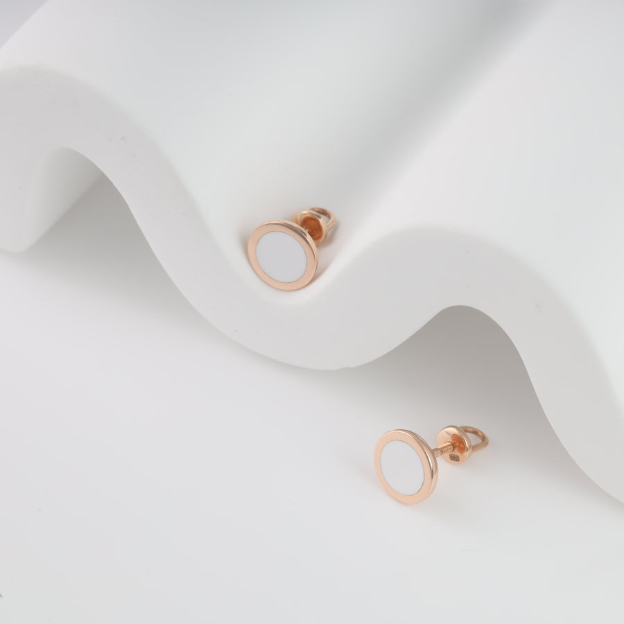 Screw-back Earrings with White enamel | 14K Rose Gold (585) - Ukrainian Jewelry
