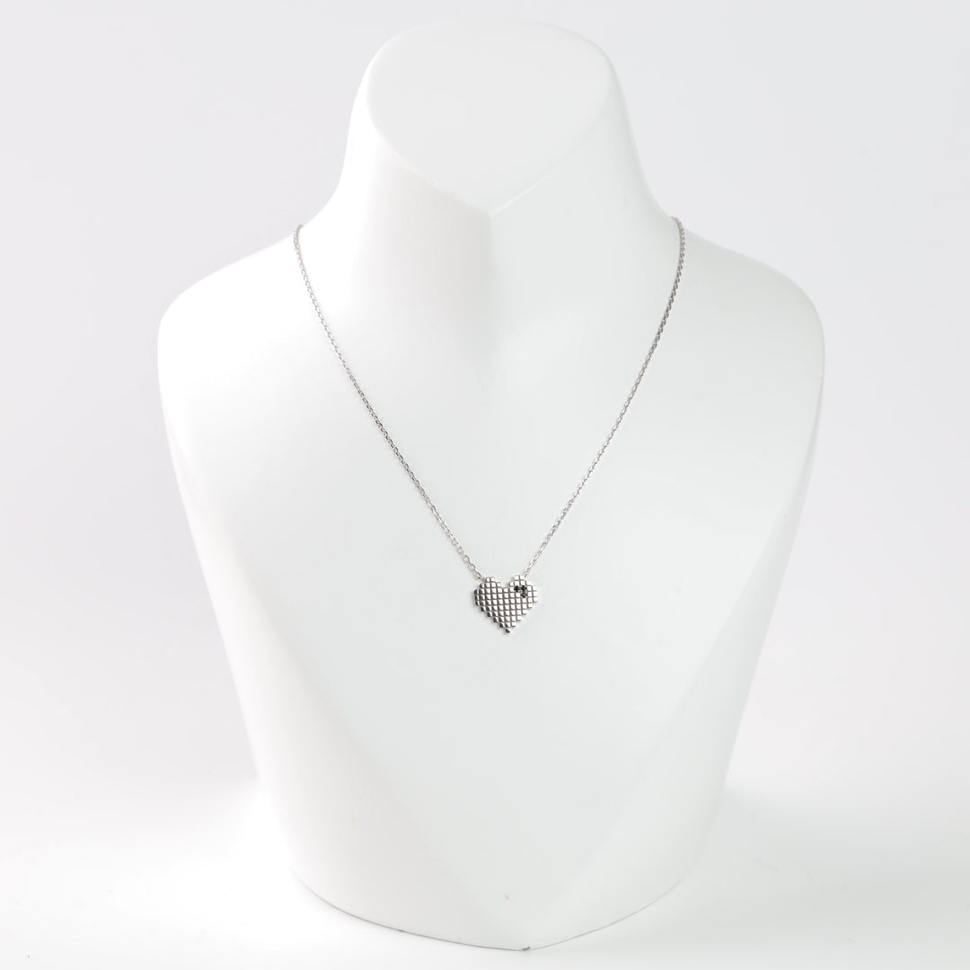 Pixel Heart Necklace with cubic zirconia | 14K White gold (585) - Ukrainian Jewelry