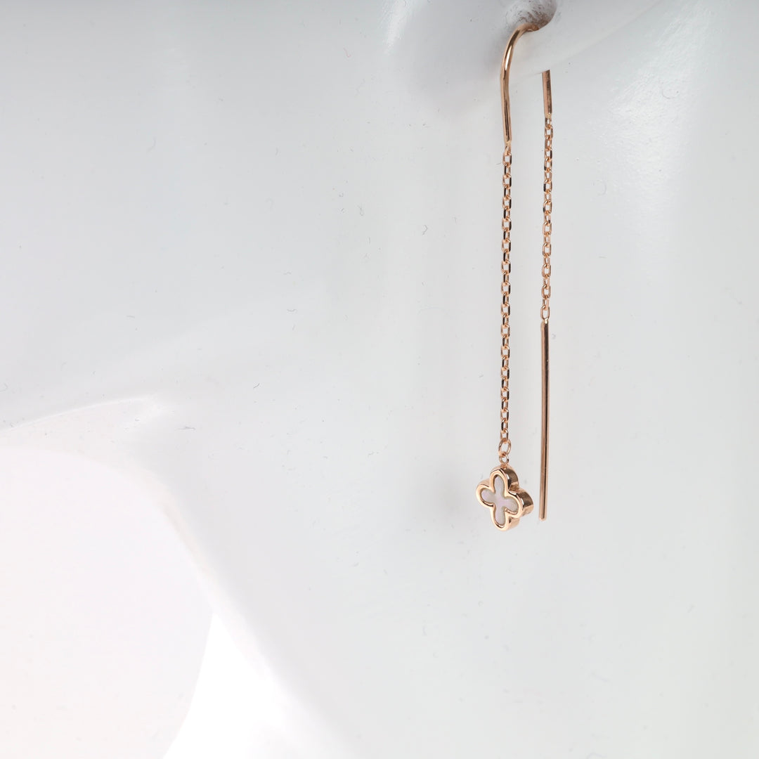 14K Rose Gold (585) Threader Earrings with Mother of Pearl Clover - Ukrainian Jewelry