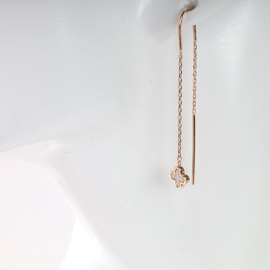 14K Rose Gold (585) Threader Earrings with Mother of Pearl Clover - Ukrainian Jewelry