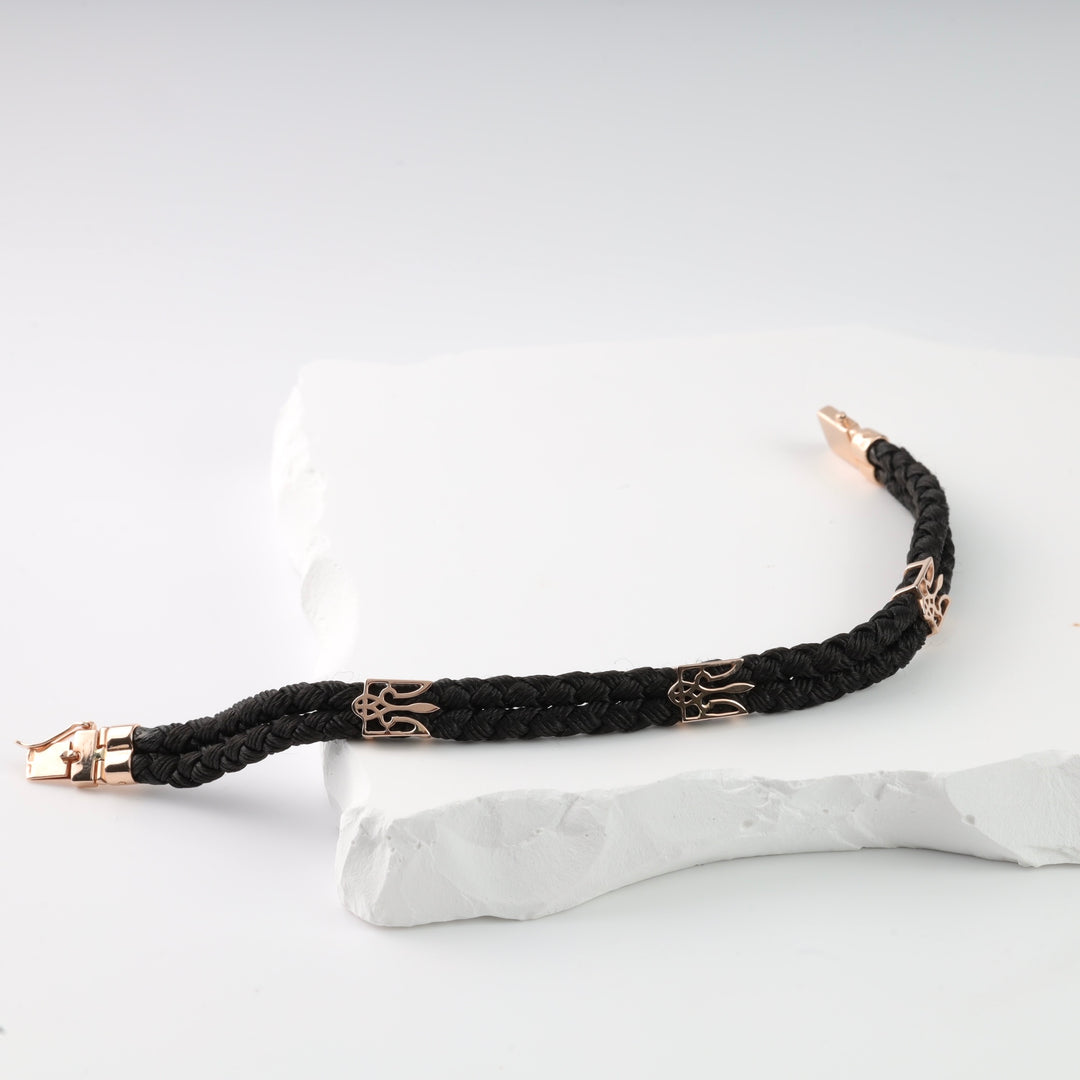 Silk cord Bracelet Trident with Gold Clasp | 585 Rose Gold (14K) - Ukrainian Jewelry