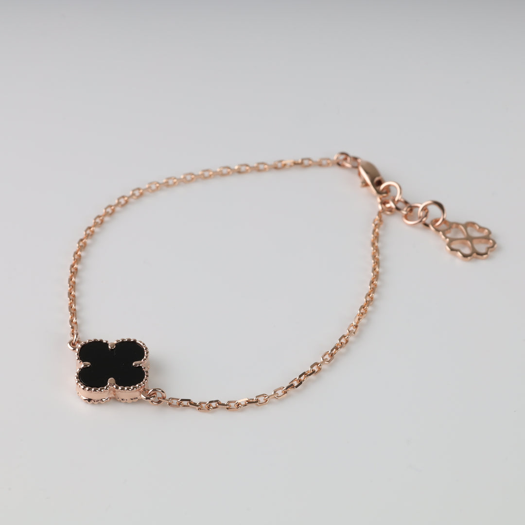 Clover Bracelet with Black Onyx – 14K Rose Gold (585) - Ukrainian Jewelry