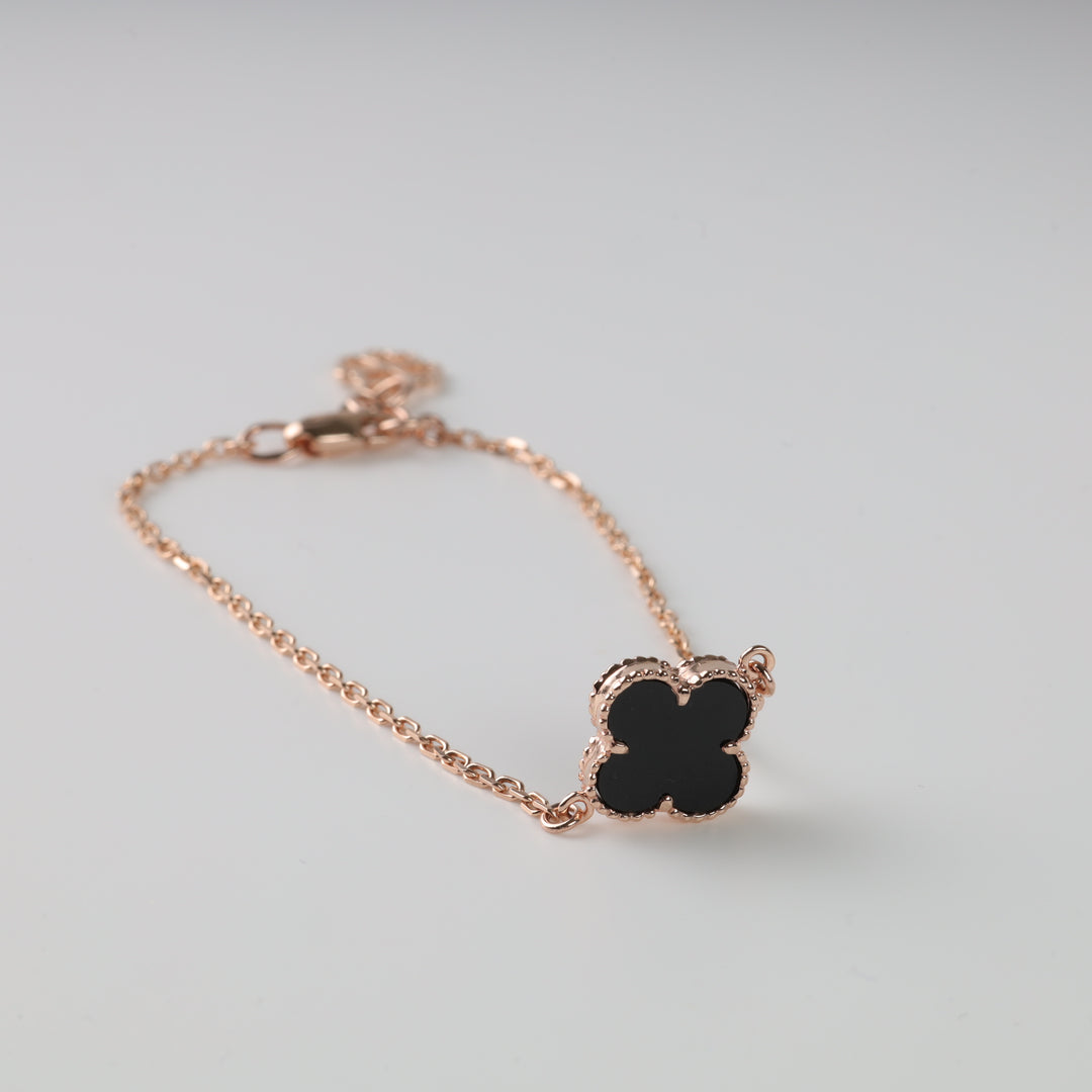 Clover Bracelet with Black Onyx – 14K Rose Gold (585) - Ukrainian Jewelry