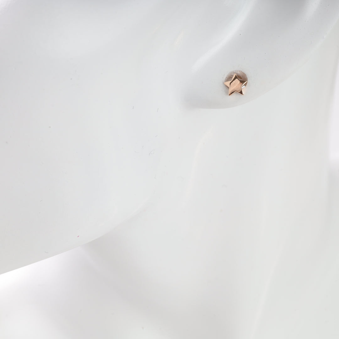 Small gold star stud earring on a white mannequin ear.