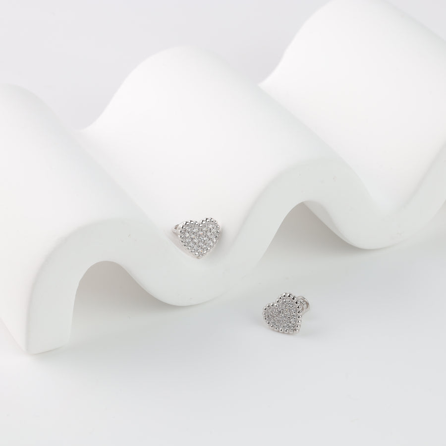 Hearts Screw-back Earrings | 14K White gold (585) - Ukrainian Jewelry