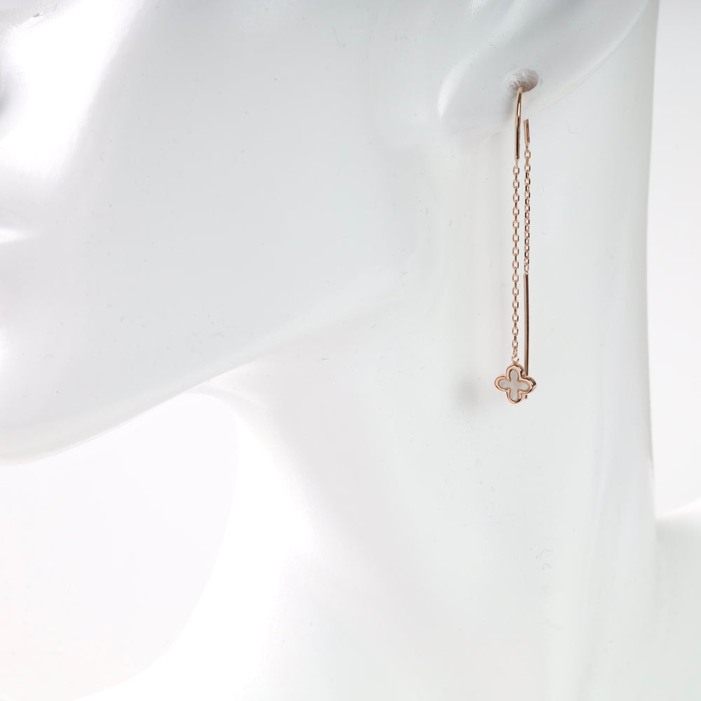 14K Rose Gold (585) Threader Earrings with Mother of Pearl Clover - Ukrainian Jewelry