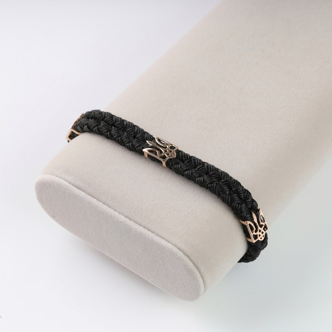 Silk cord Bracelet Trident with Gold Clasp | 585 Rose Gold (14K) - Ukrainian Jewelry