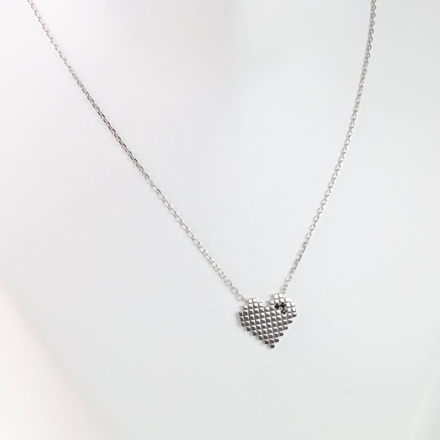 Pixel Heart Necklace with cubic zirconia | 14K White gold (585) - Ukrainian Jewelry