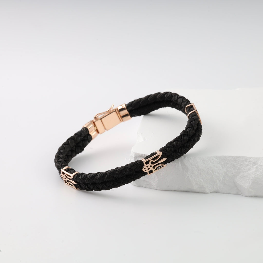 Silk cord Bracelet Trident with Gold Clasp | 585 Rose Gold (14K) - Ukrainian Jewelry