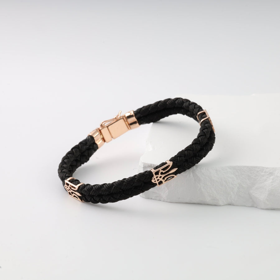 Silk cord Bracelet Trident with Gold Clasp | 585 Rose Gold (14K) - Ukrainian Jewelry
