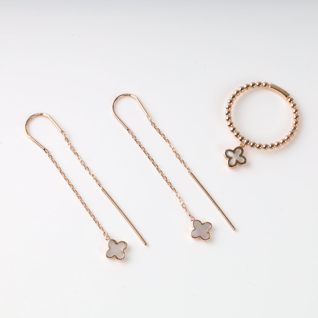 14K Rose Gold (585) Threader Earrings with Mother of Pearl Clover - Ukrainian Jewelry