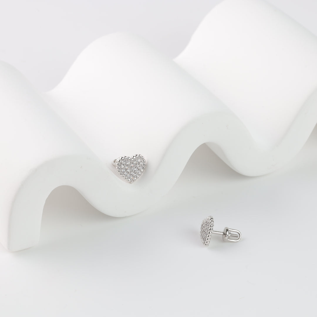 Hearts Screw-back Earrings | 14K White gold (585)- Ukrainian Jewelry