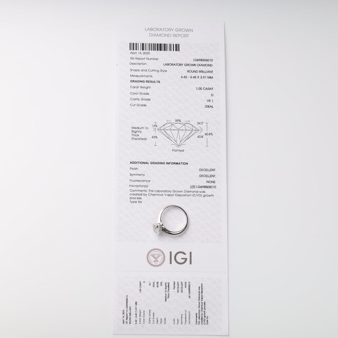 1.09 carat Lab Diamond Engagement ring | White gold 585