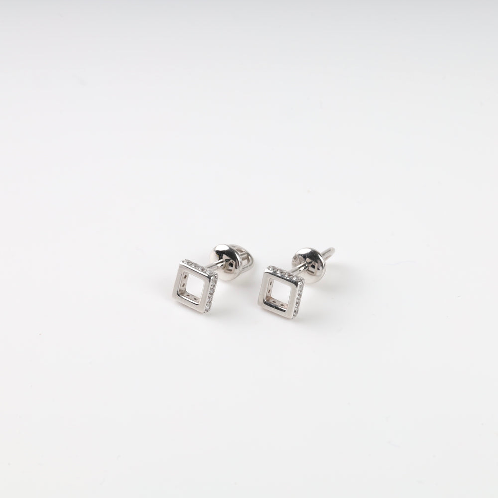 Screw-back earrings Squares with cubic zirconia | 14K white gold (585) - Ukrainian Jewelry