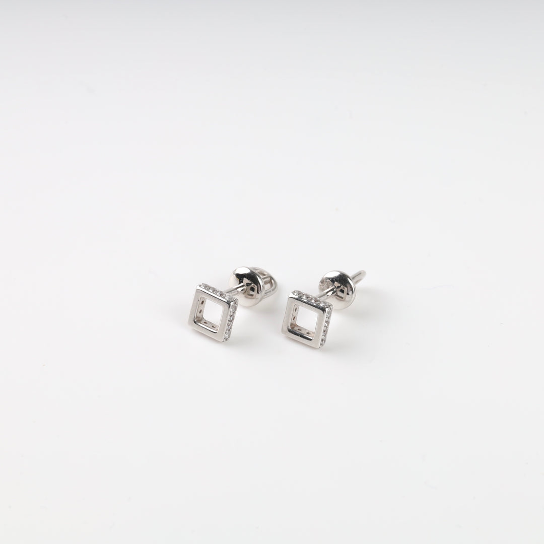 Screw-back earrings Squares with cubic zirconia | 14K white gold (585) - Ukrainian Jewelry