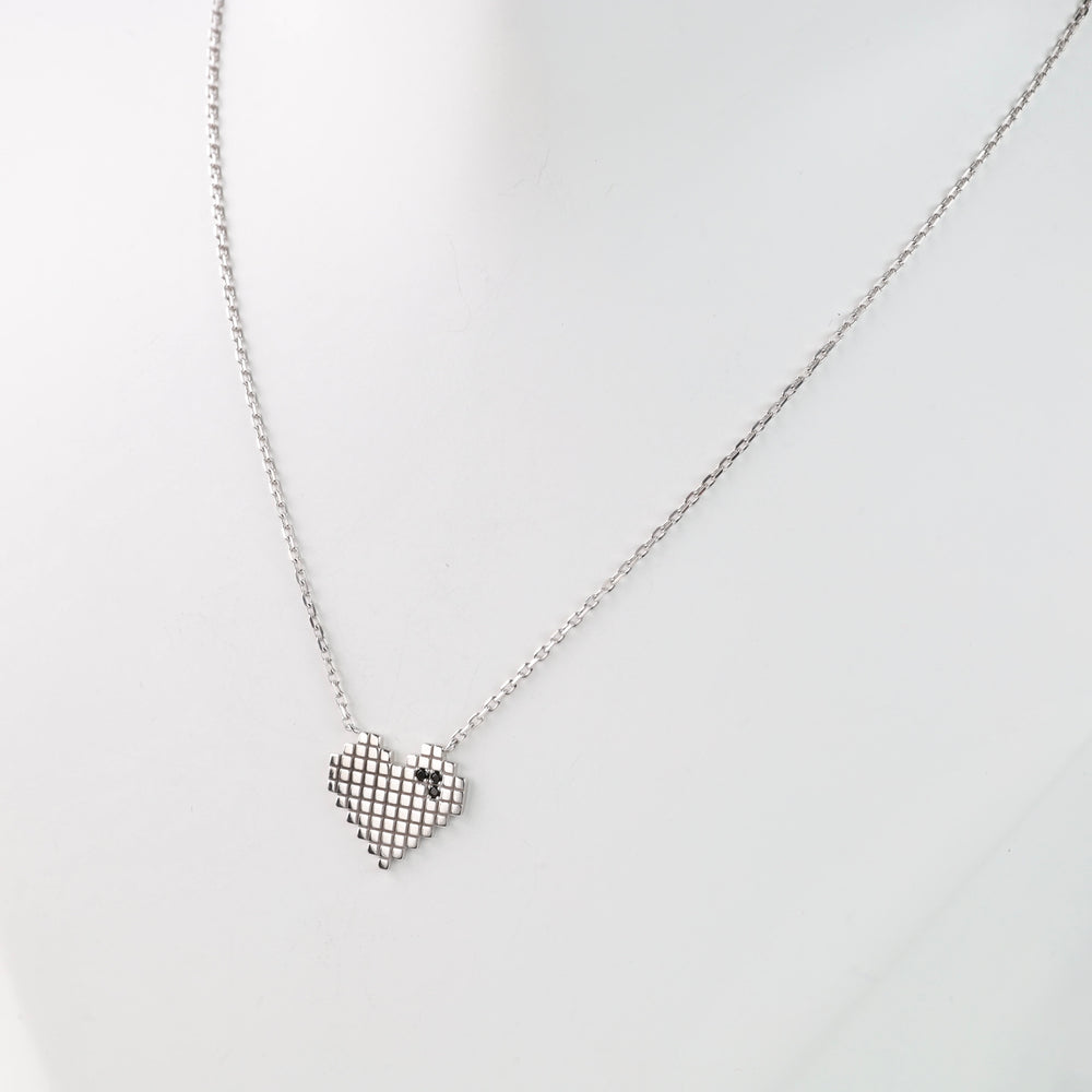 Pixel Heart Necklace with cubic zirconia | 14K White gold (585) - Ukrainian Jewelry