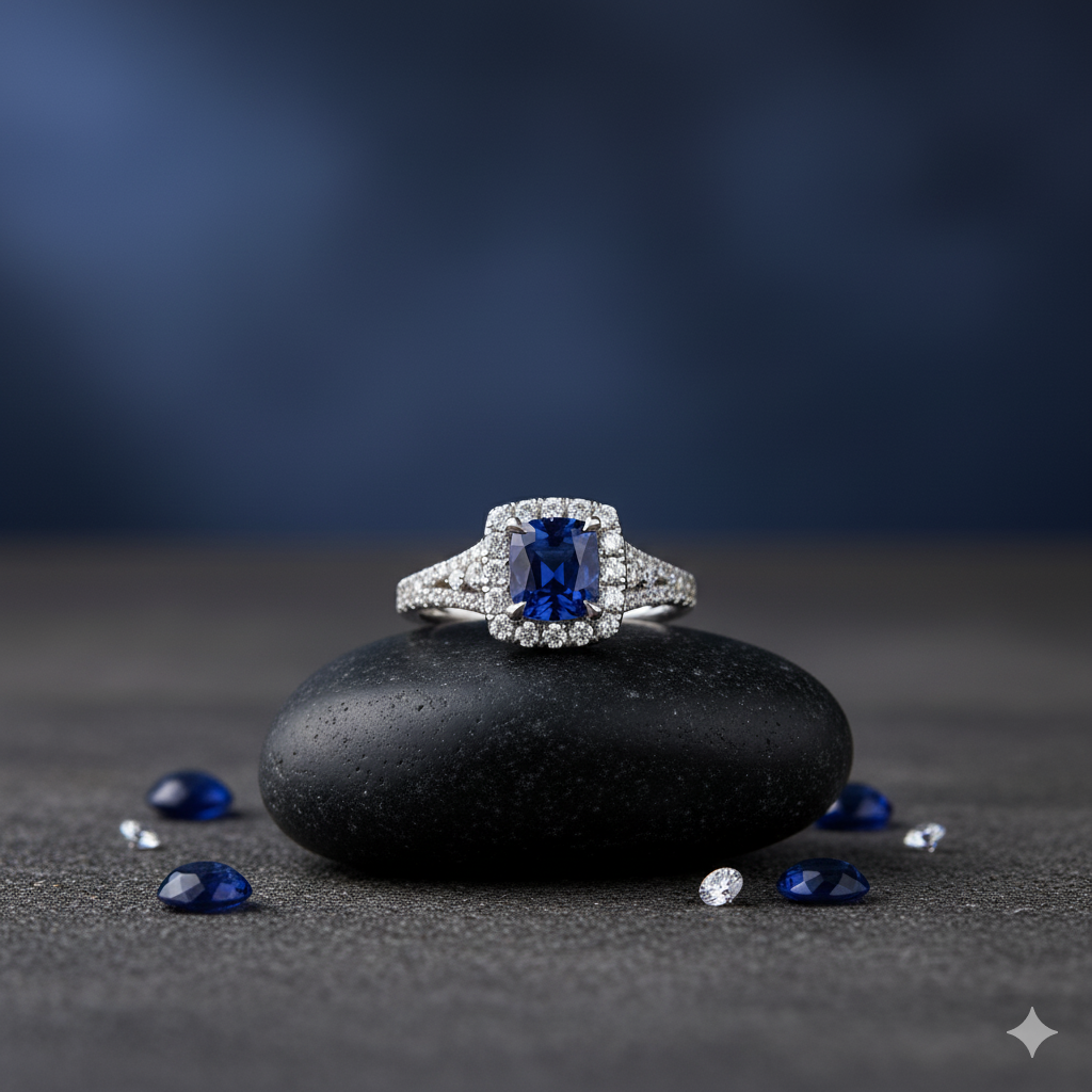 Каблучка з натуральним сапфіром огранки "кушон" 1.68 карата з діамантами 0.84 карата з білого золота 18 карат