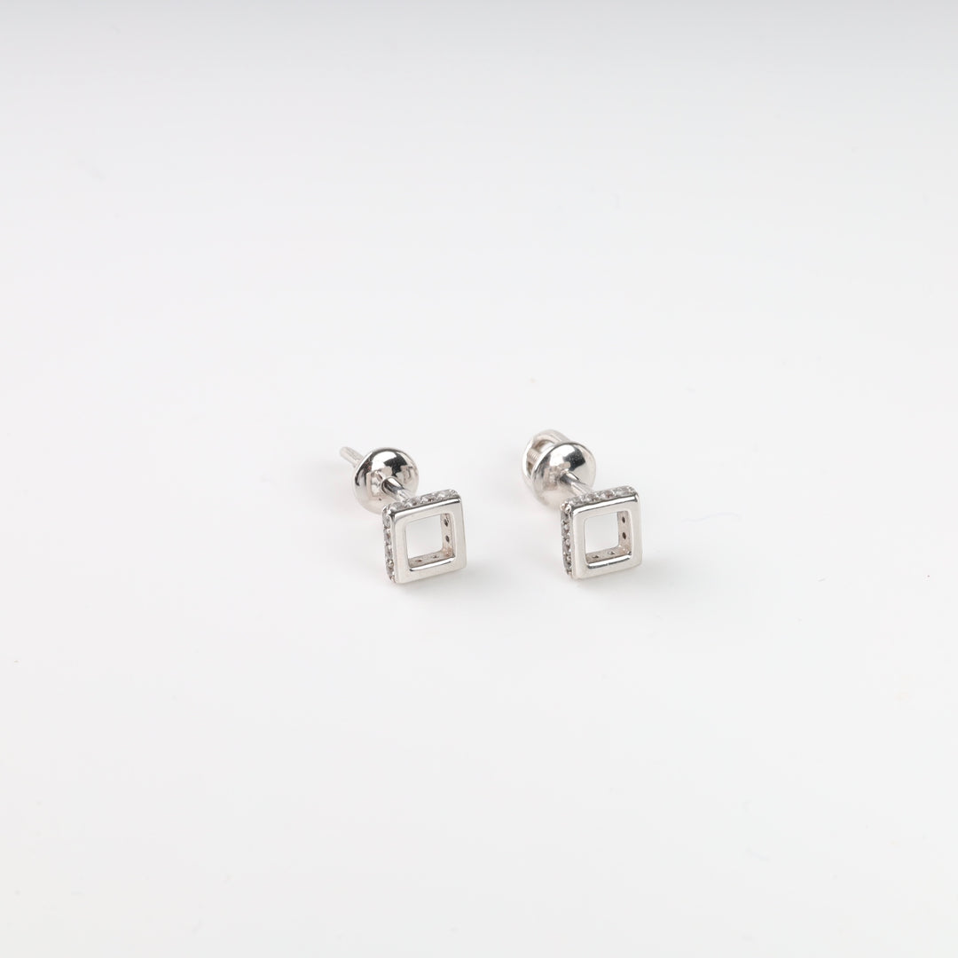 Screw-back earrings Squares with cubic zirconia | 14K white gold (585)- Ukrainian Jewelry