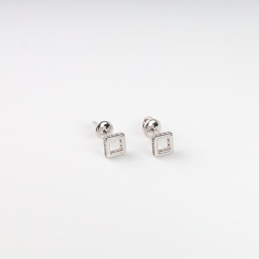 Screw-back earrings Squares with cubic zirconia | 14K white gold (585)- Ukrainian Jewelry
