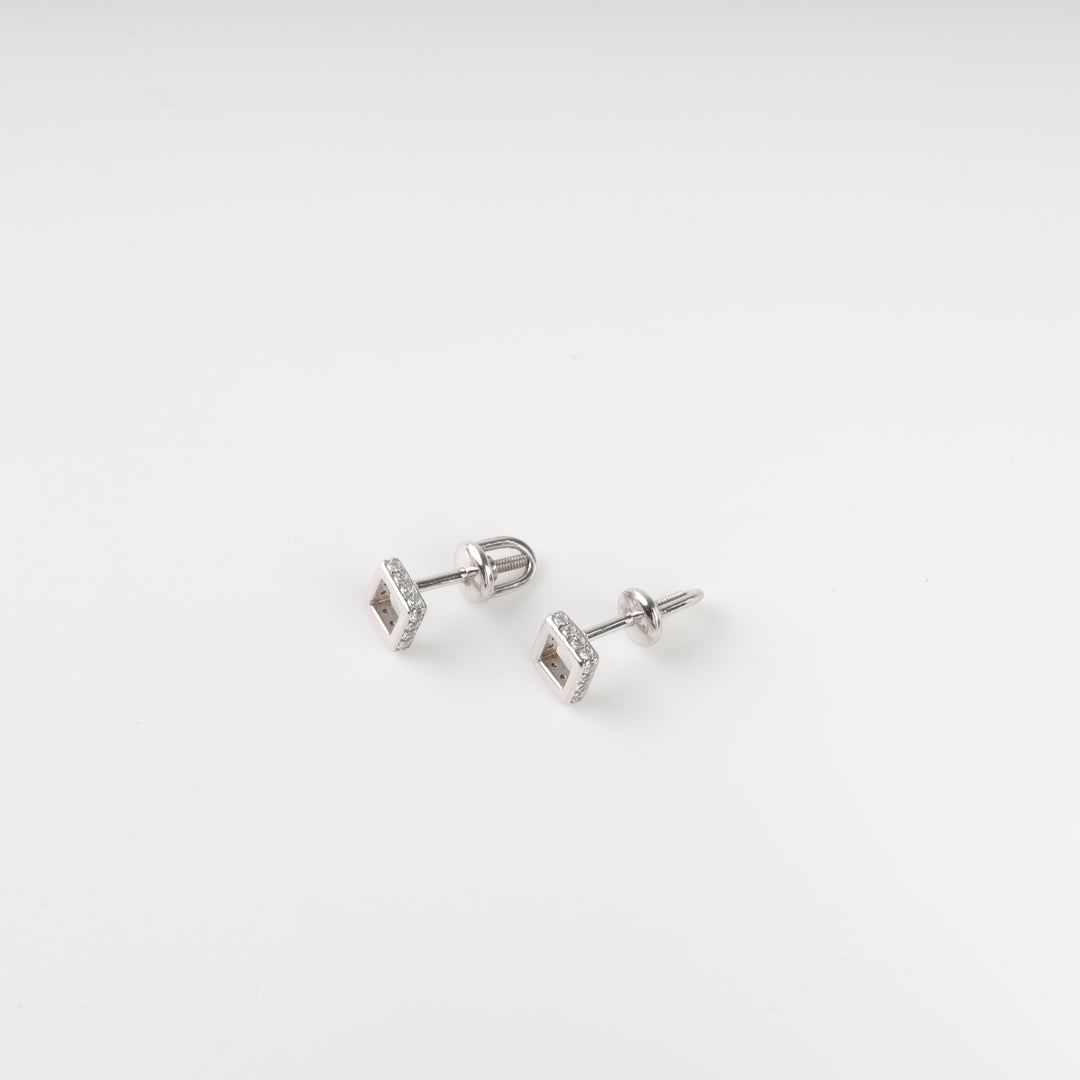 Screw-back earrings Squares with cubic zirconia | 14K white gold (585) - Ukrainian Jewelry