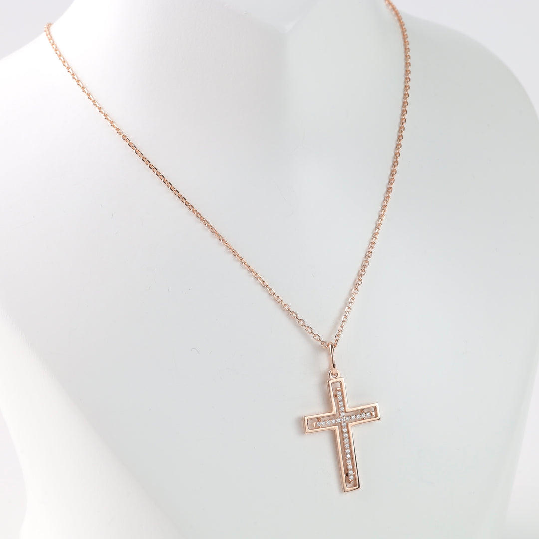 Elegant cross with sparkling cubic zirconia | Rose Gold 585 (14K) - Ukrainian Jewelry