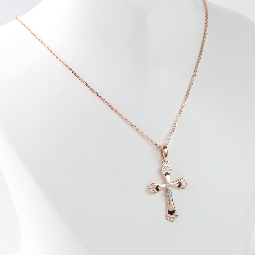 Cross with a crucifix, complemented by enamel and zirconium | Gold 585 (14K) - Ukrainian Jewelry