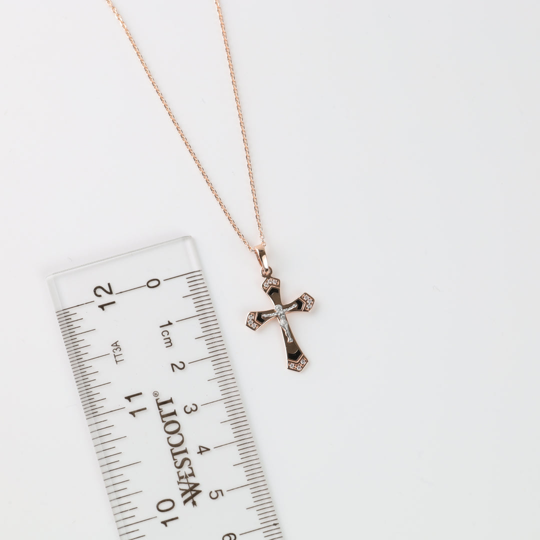 Cross with a crucifix, complemented by enamel and zirconium | Gold 585 (14K) - Ukrainian Jewelry