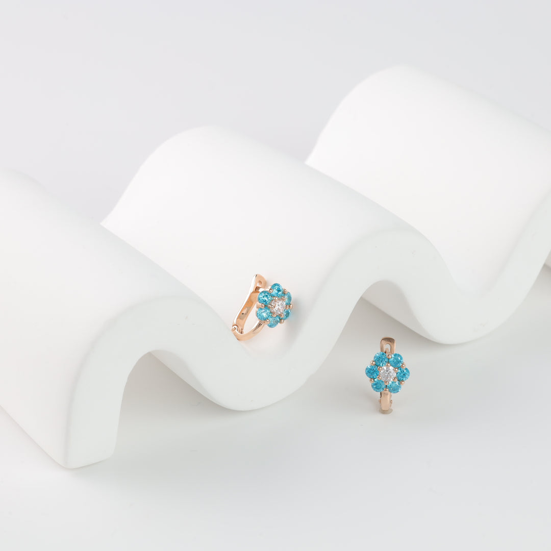 Children's earrings Blue flower with cubic zirconia | 14K Rose Gold (585) - Ukrainian Jewelry
