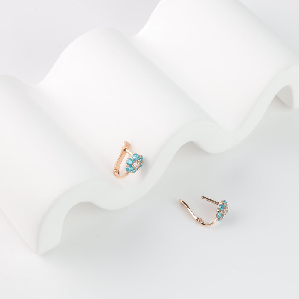 Children's earrings Blue flower with cubic zirconia | 14K Rose Gold (585) - Ukrainian Jewelry