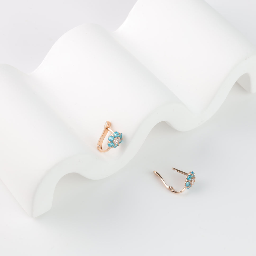Children's earrings Blue flower with cubic zirconia | 14K Rose Gold (585) - Ukrainian Jewelry