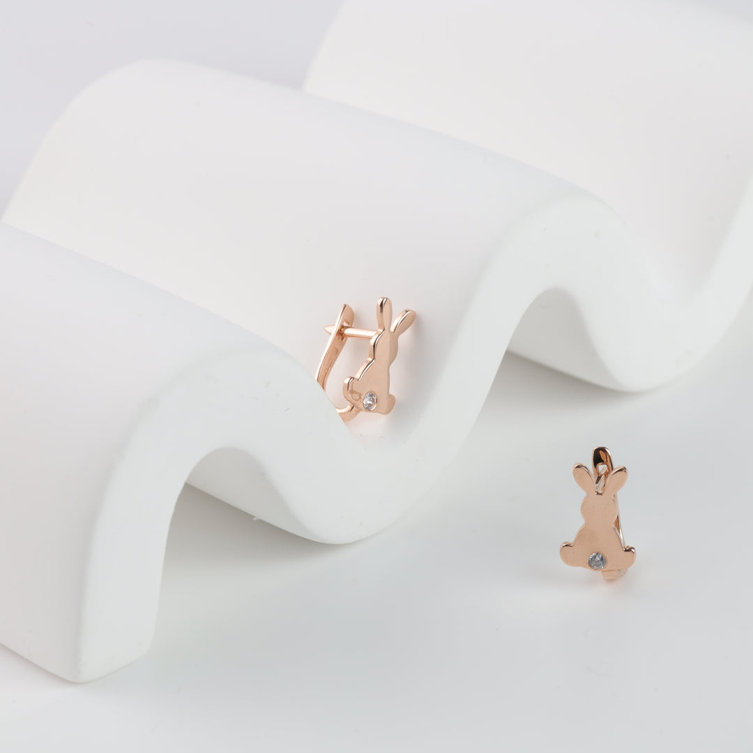 Children’s Cute Bunny Earrings with Cubic zirconia | 14K Rose Gold (585) - Ukrainian Jewelry