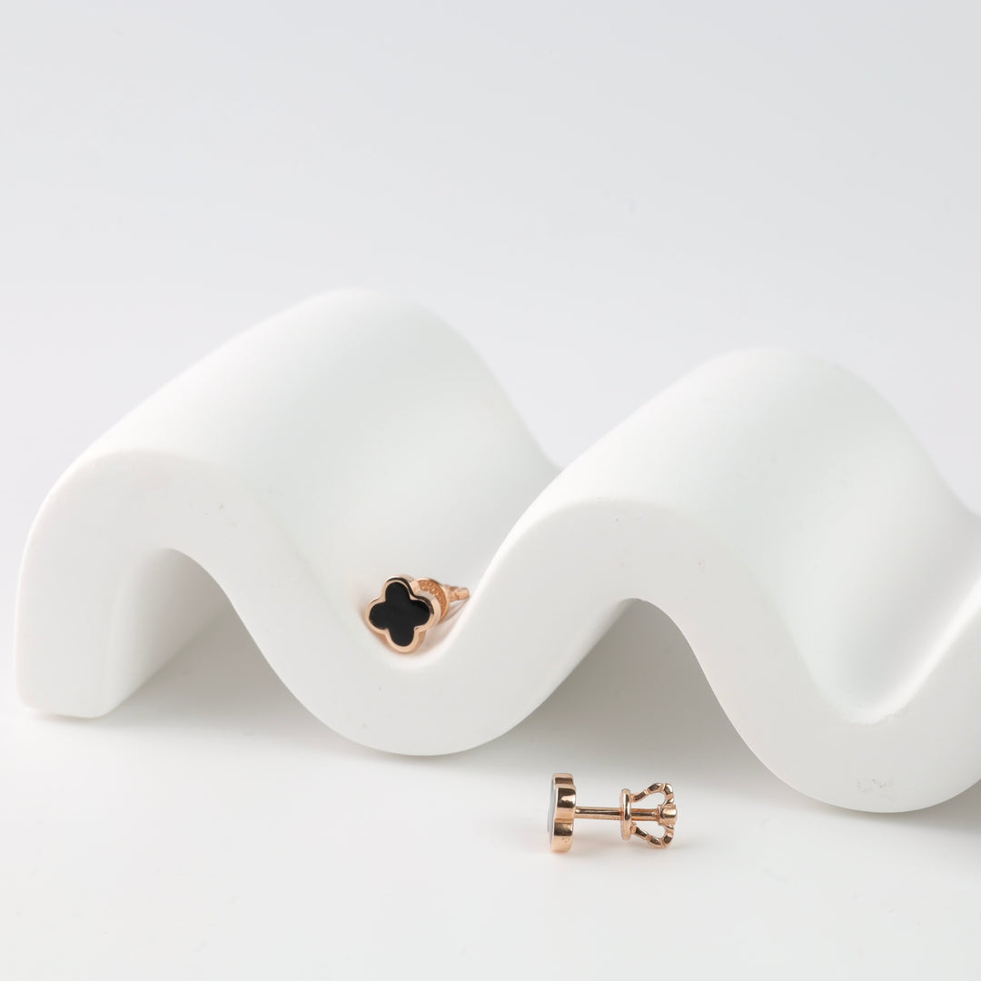 Clover Screwback Earrings with Black Enamel | 14K Rose Gold (585) - Ukrainian Jewelry