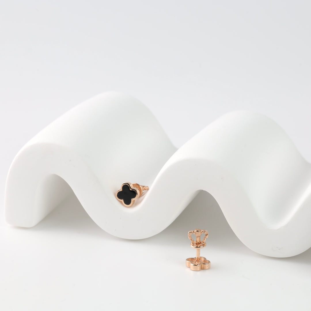 Clover Screwback Earrings with Black Enamel | 14K Rose Gold (585) - Ukrainian Jewelry