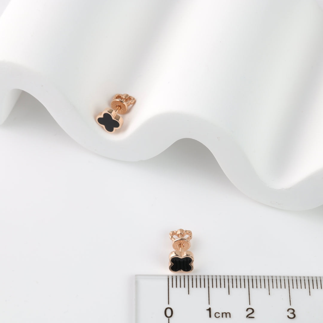Clover Screwback Earrings with Black Enamel | 14K Rose Gold (585) - Ukrainian Jewelry