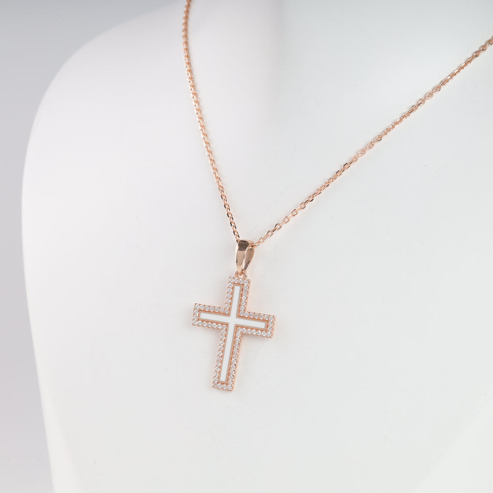 Cross with white enamel and cubic zirconia | Rose Gold 585 (14K) - Ukrainian Jewelry