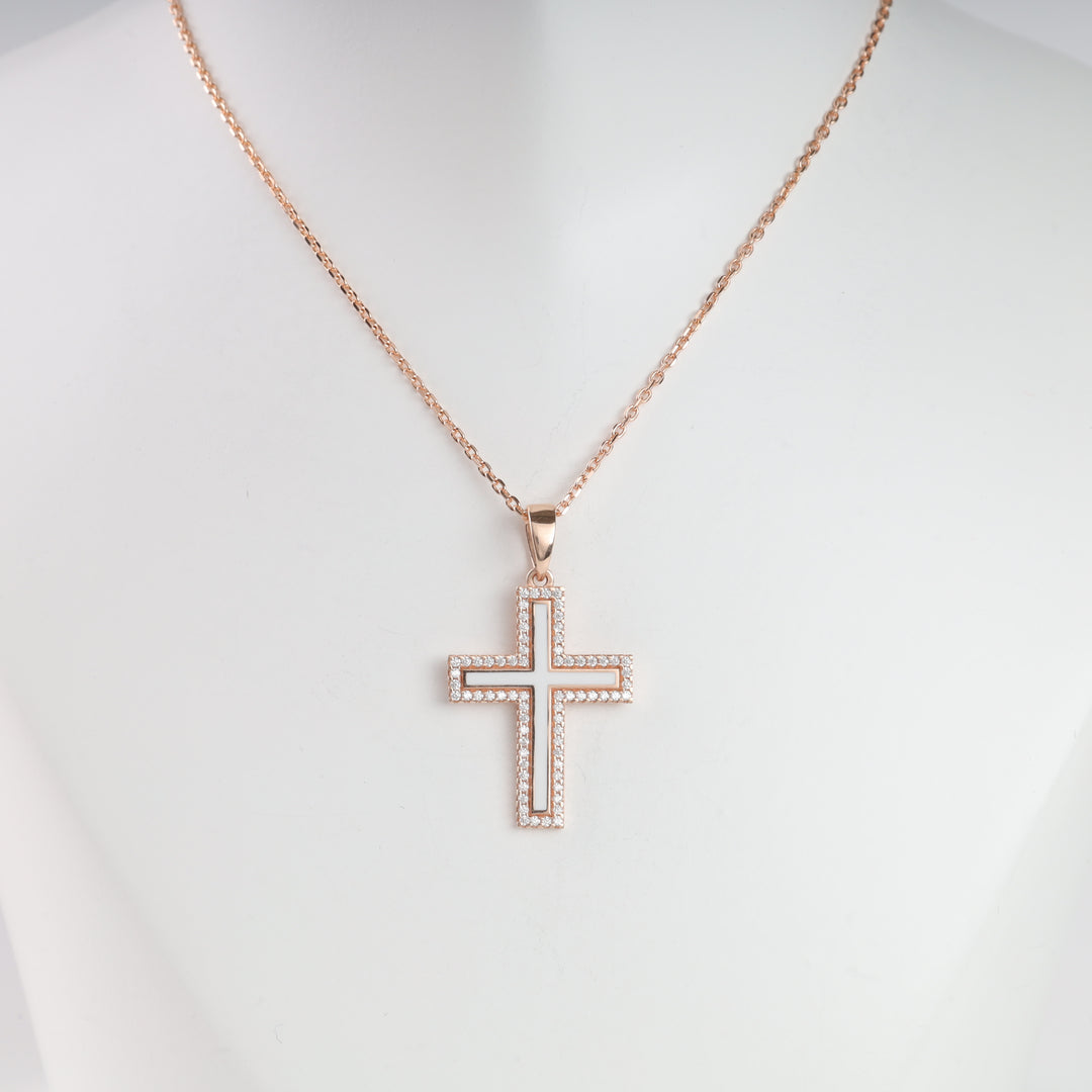 Cross with white enamel and cubic zirconia | Rose Gold 585 (14K) - Ukrainian Jewelry
