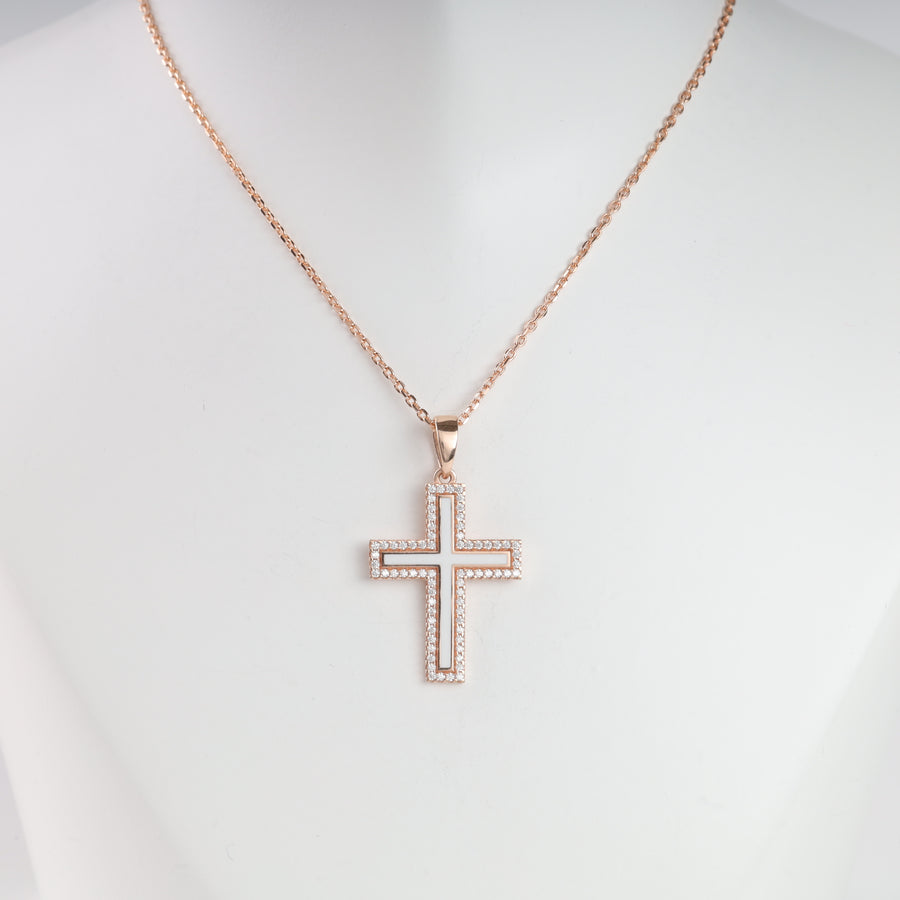 Cross with white enamel and cubic zirconia | Rose Gold 585 (14K) - Ukrainian Jewelry