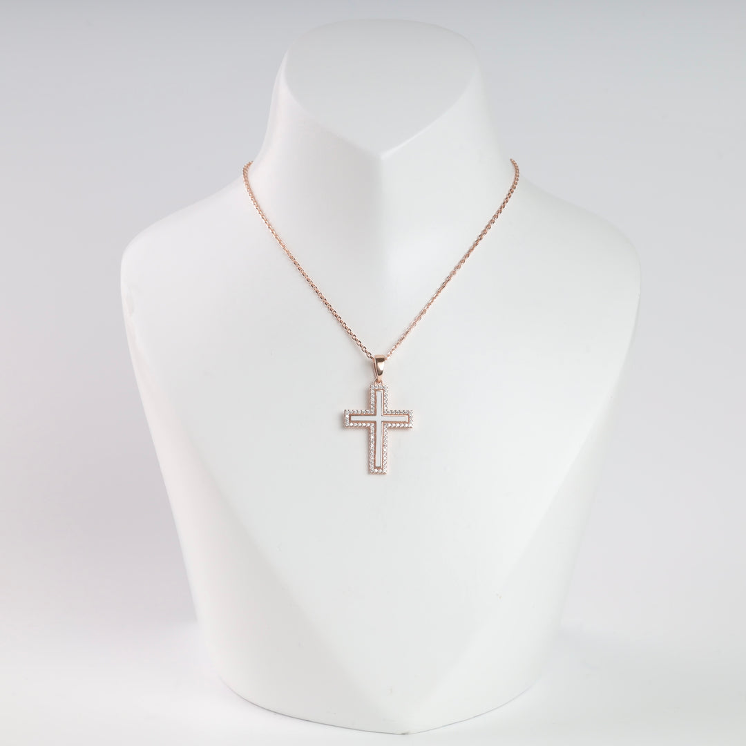 Cross with white enamel and cubic zirconia | Rose Gold 585 (14K) - Ukrainian Jewelry