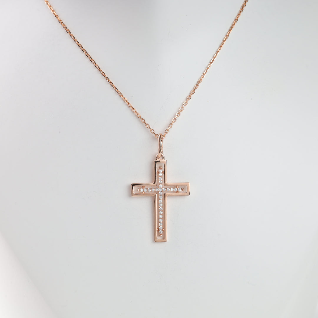 Elegant cross with sparkling cubic zirconia | Rose Gold 585 (14K) - Ukrainian Jewelry