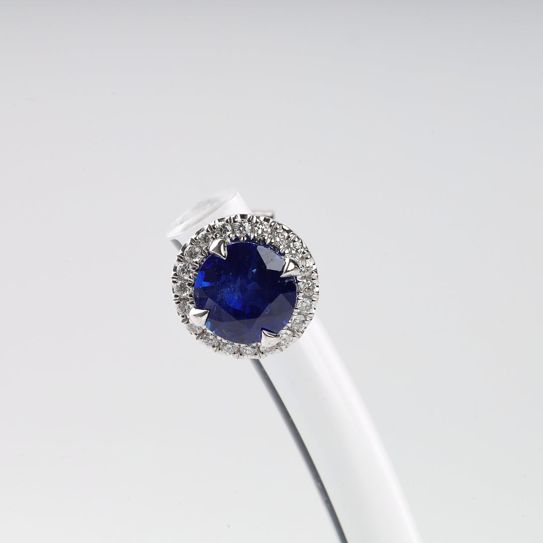 Natural Blue Sapphire 2.16 Ct & 20 Diamonds Halo Stud Earrings | 18K White Gold