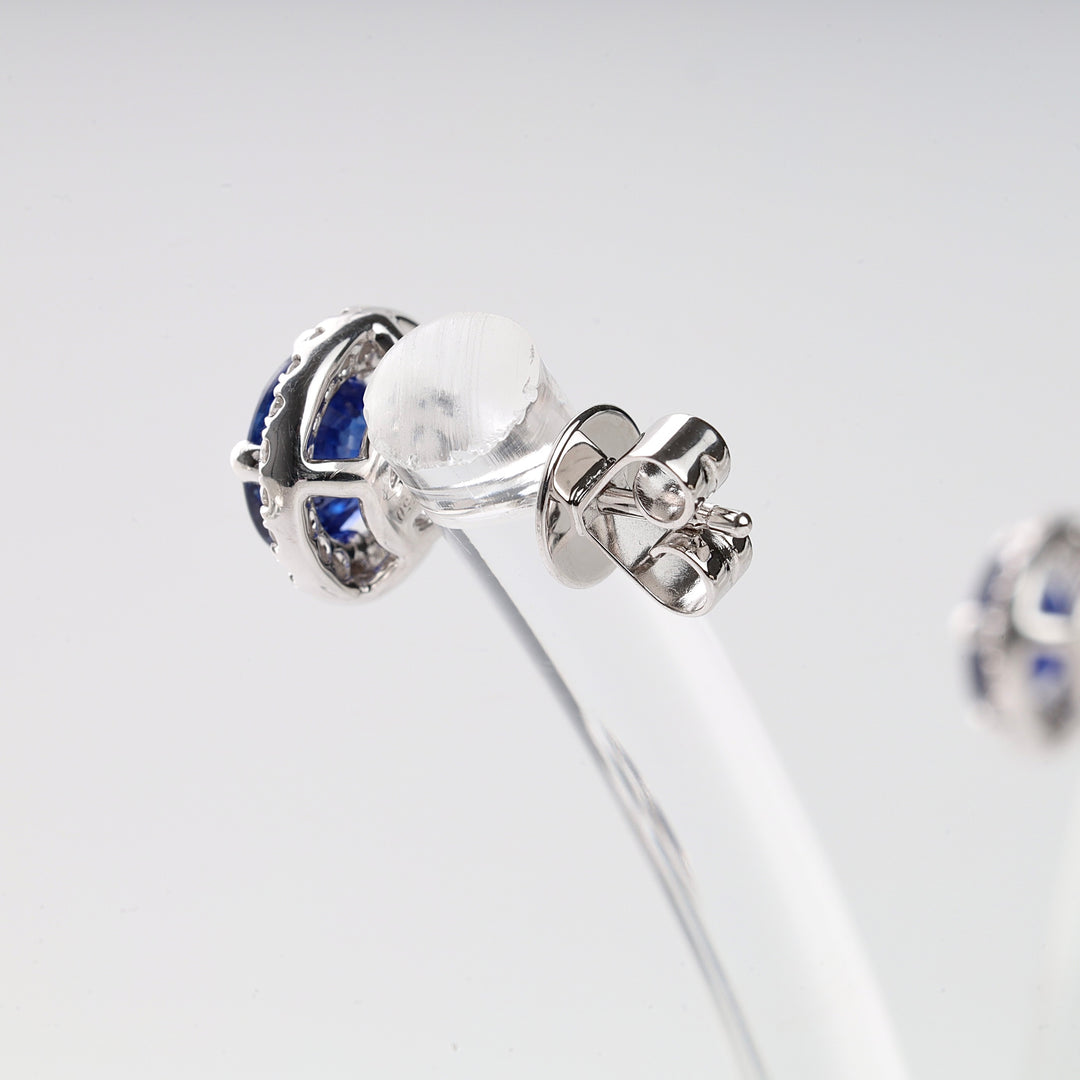 Natural Blue Sapphire 2.16 Ct & 20 Diamonds Halo Stud Earrings | 18K White Gold