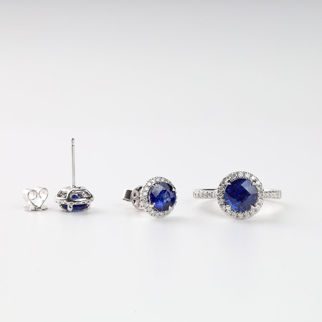 Natural Blue Sapphire 2.16 Ct & 20 Diamonds Halo Stud Earrings | 18K White Gold