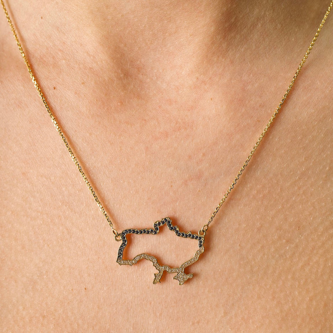 Map of Ukraine Necklace with cubic zirconia | 14K Gold (585) - Ukrainian Jewelry