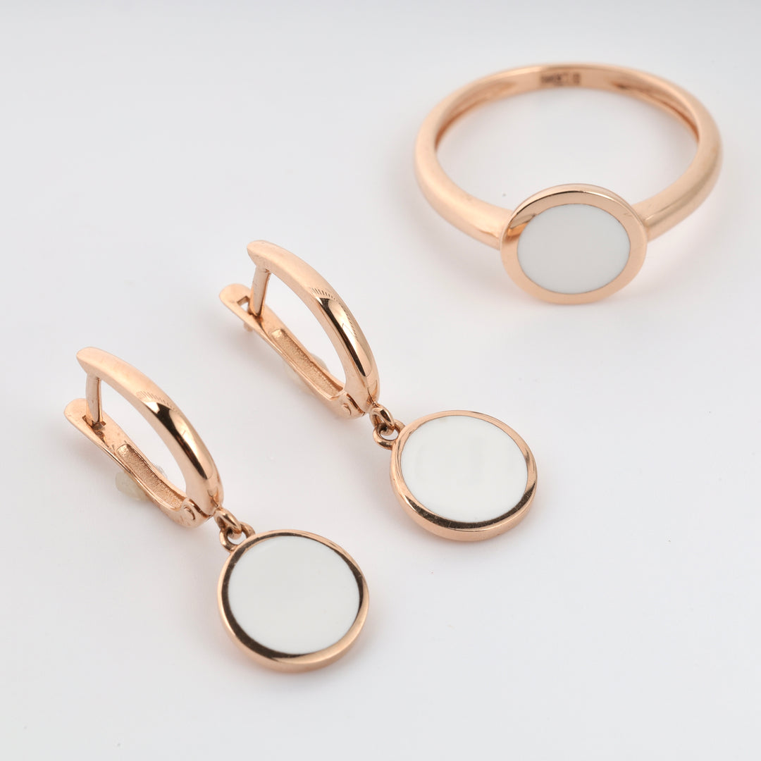 Gold Earrings with White Enamel | 14K Rose Gold (585) - Ukrainian Jewelry