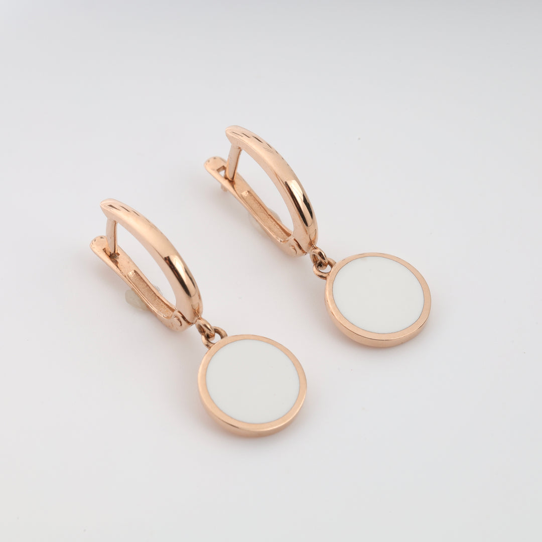 Gold Earrings with White Enamel | 14K Rose Gold (585) - Ukrainian Jewelry