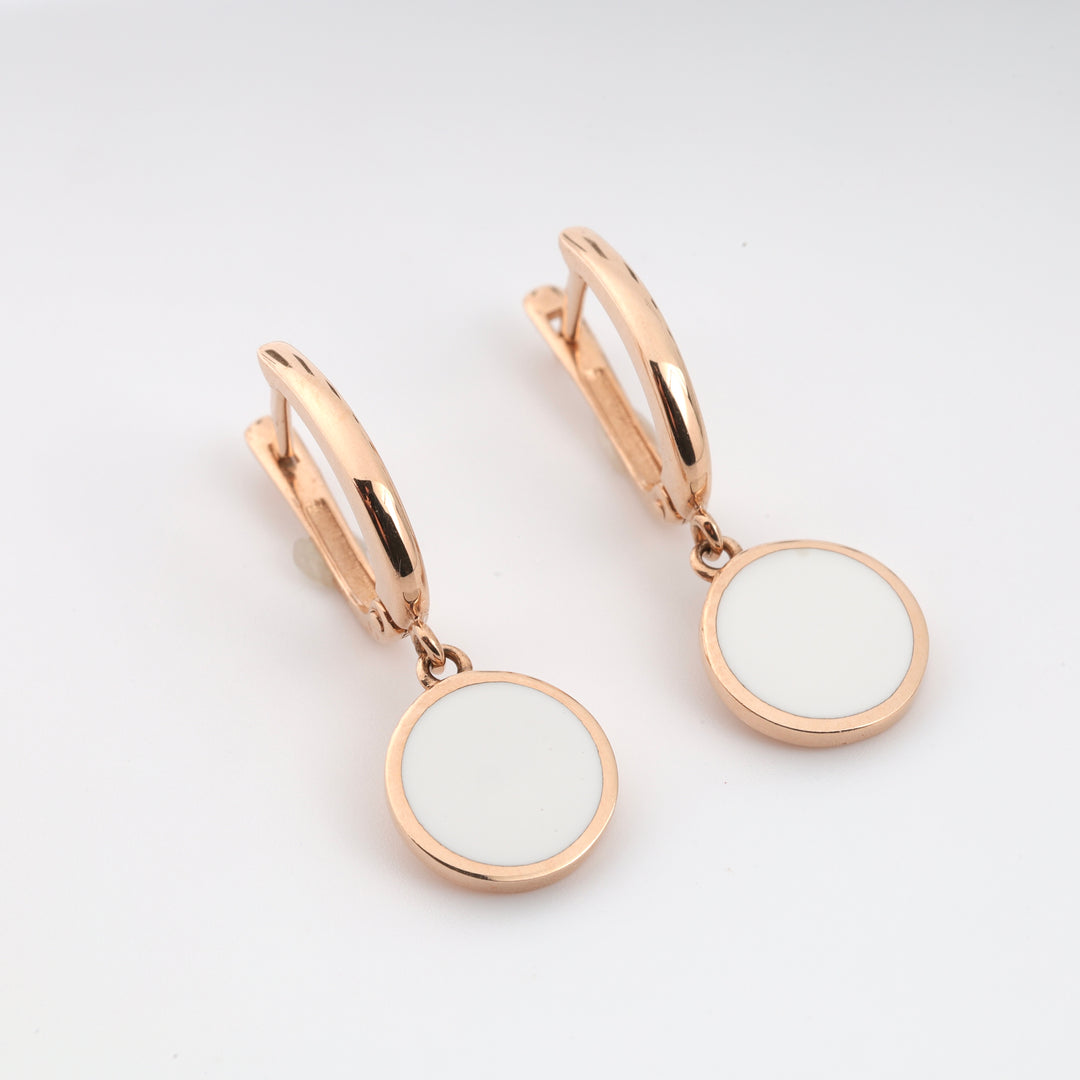 Gold Earrings with White Enamel | 14K Rose Gold (585) - Ukrainian Jewelry