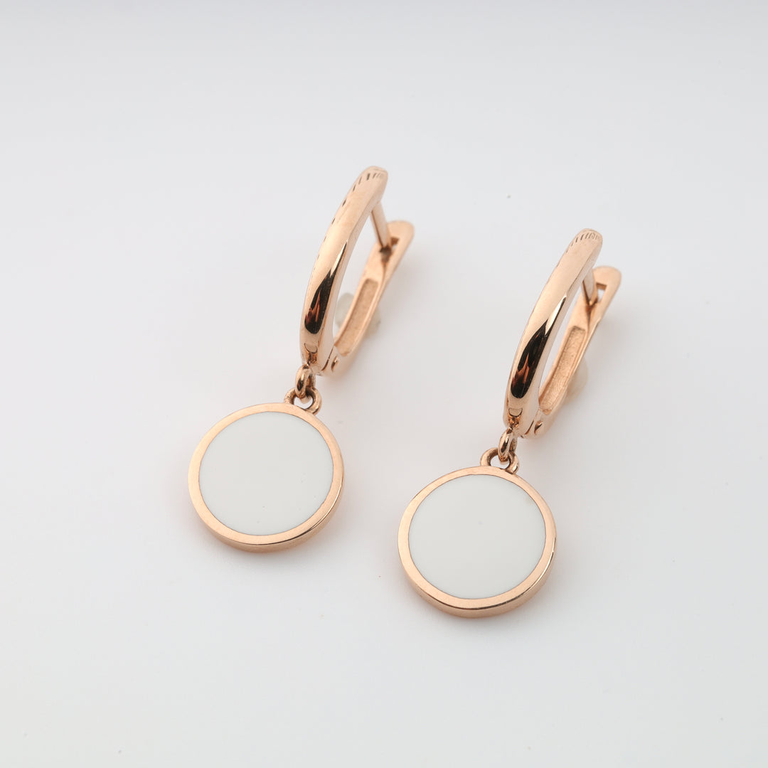 Gold Earrings with White Enamel | 14K Rose Gold (585) - Ukrainian Jewelry