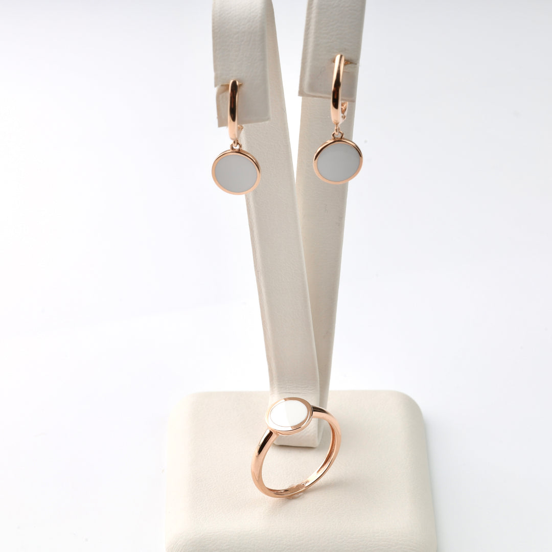 Gold Earrings with White Enamel | 14K Rose Gold (585) - Ukrainian Jewelry